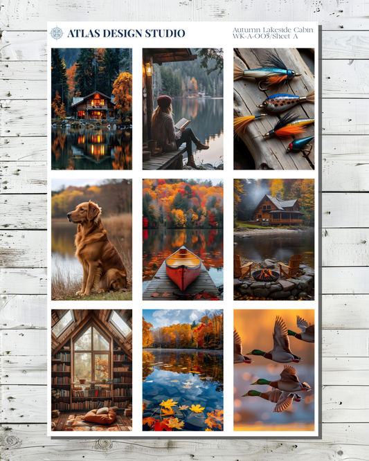Planner stickers with a collage of autumnal lakeside cabin themed images.