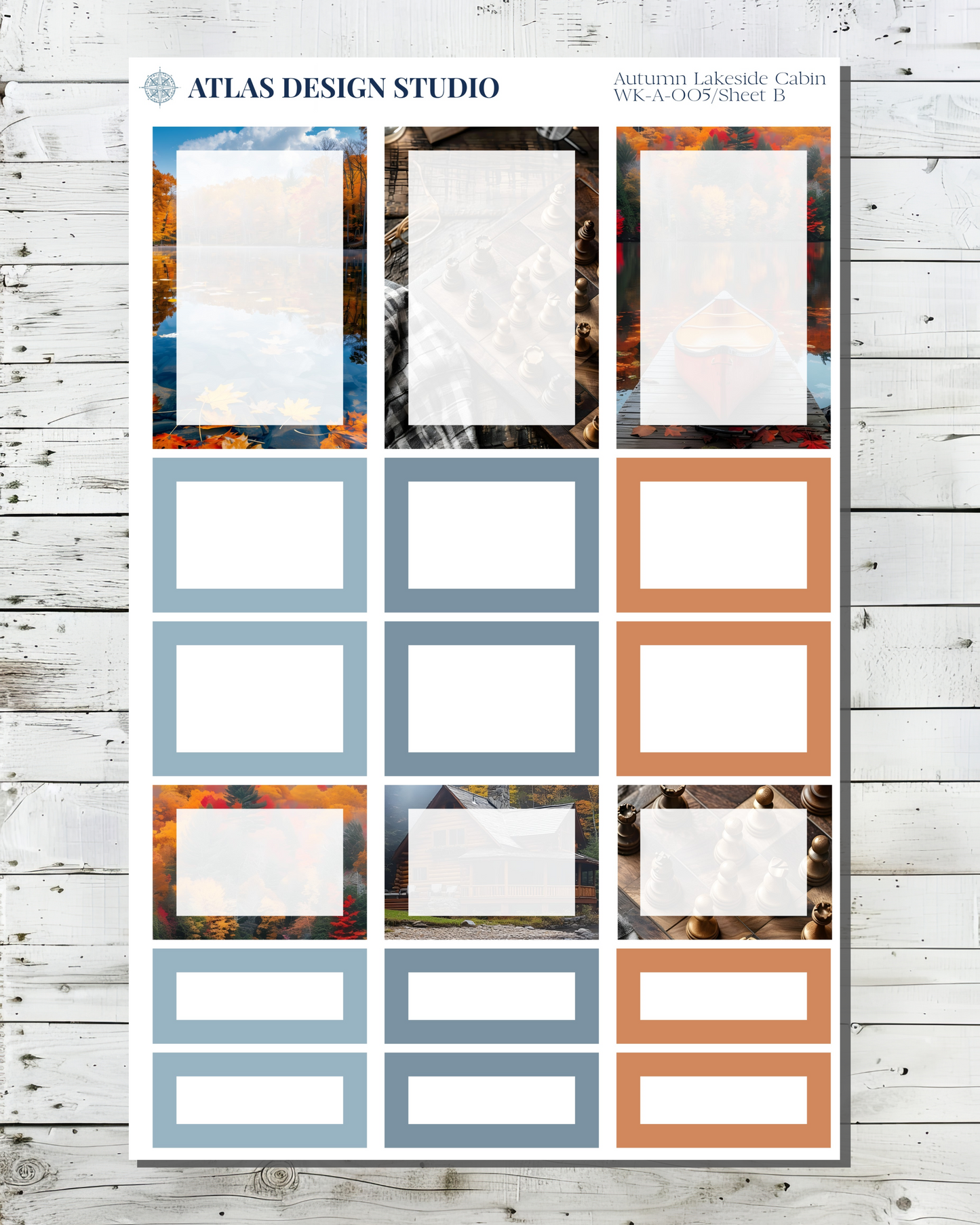 Planner stickers made of functional boxes with an autumnal lakeside cabin theme.