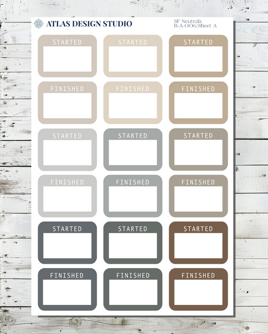 Sheet of functional box planner stickers in a variety of colors.