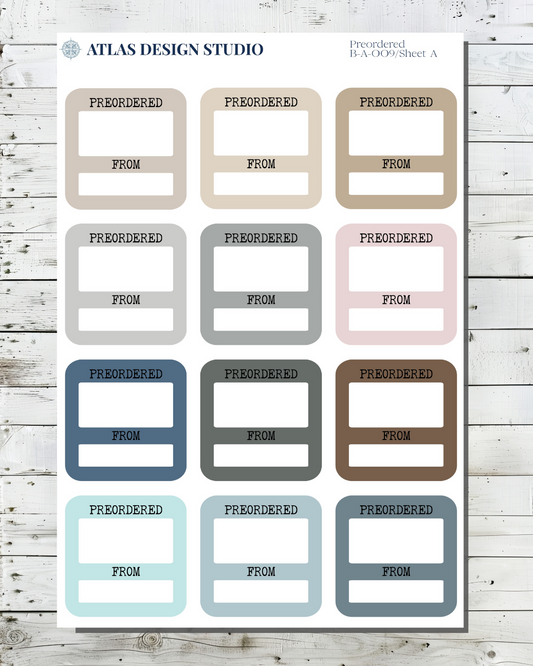 Sheet of planner stickers. Functional box style designed to track book pre-orders in many colors.