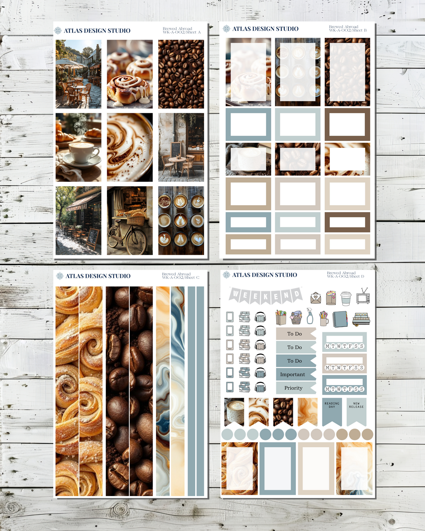 Collection of planner stickers with coffee themed designs.