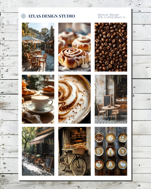 Planner stickers with a collage of coffee themed images.