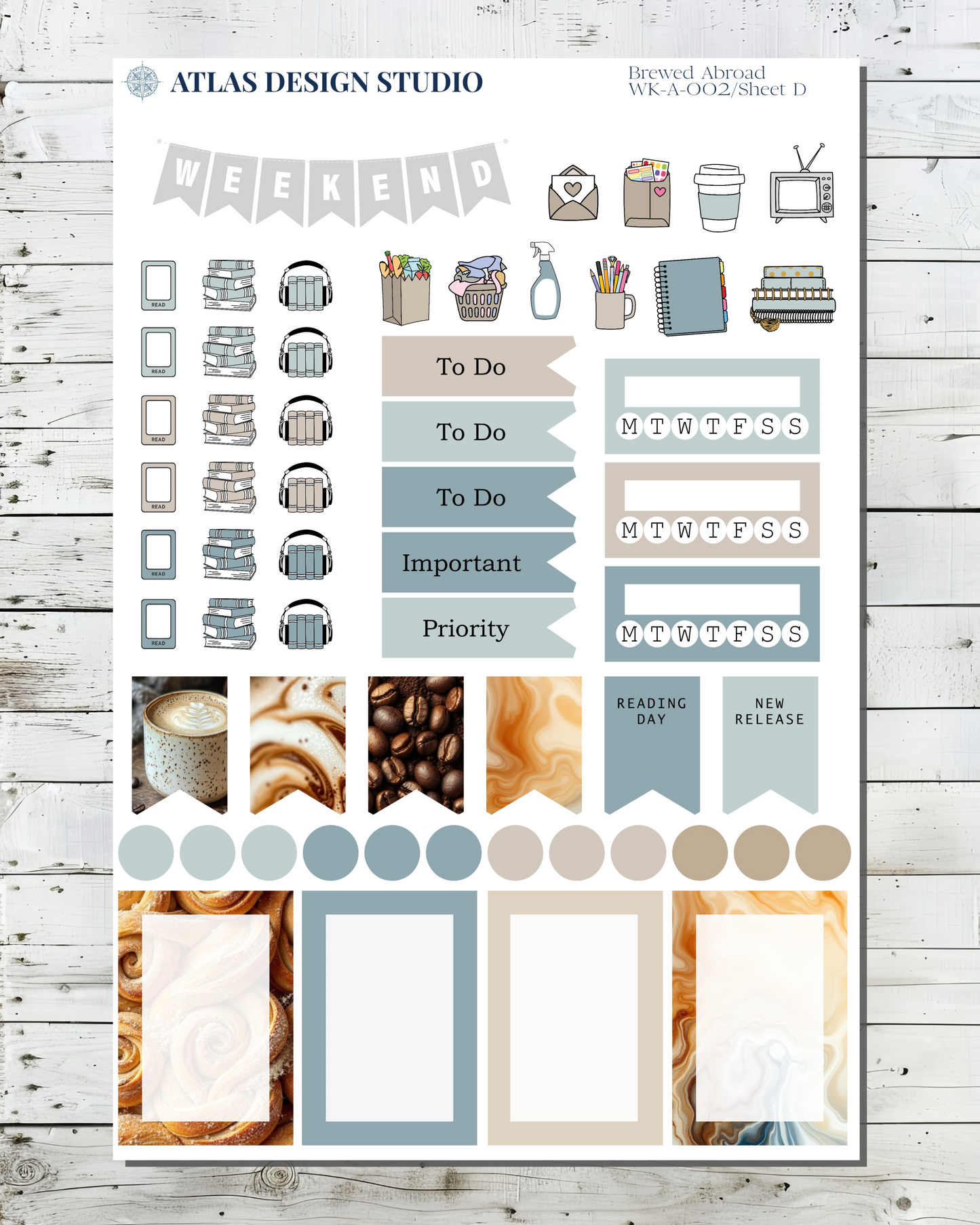 Sheet of planner stickers featuring functional items and deco with a coffee theme.