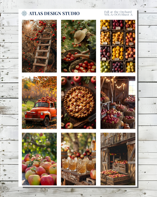 Planner stickers with a collage of fall orchard apple picking themed images.
