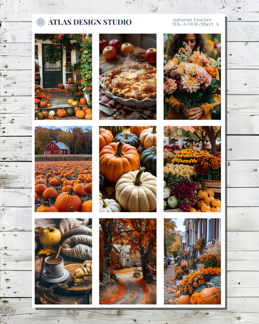 Planner stickers with a collage of autumn-themed images with pumpkins and fall foliage.