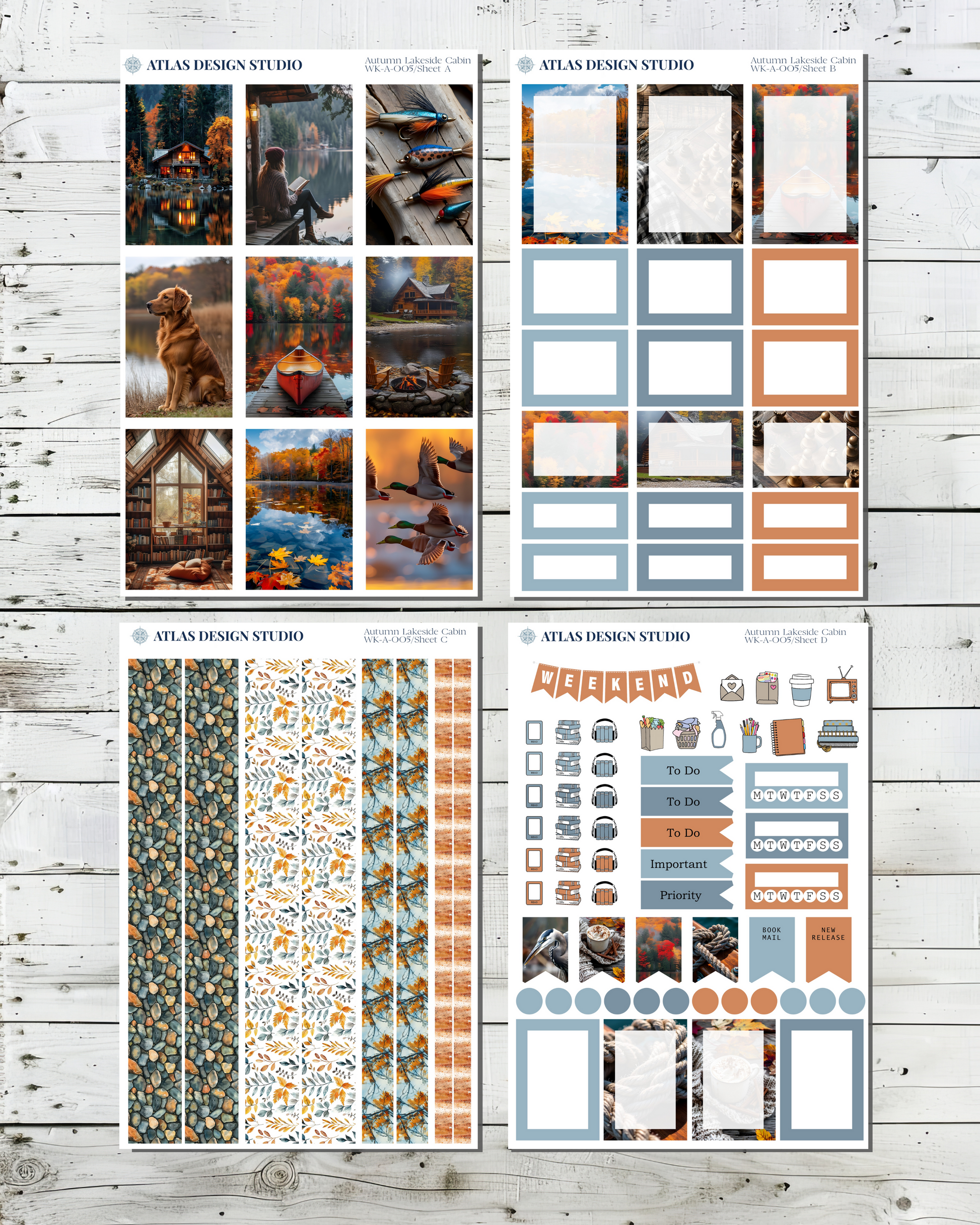Collection of planner stickers with an autumnal lakeside cabin themed designs.