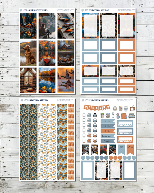 Collection of planner stickers with an autumnal lakeside cabin themed designs.