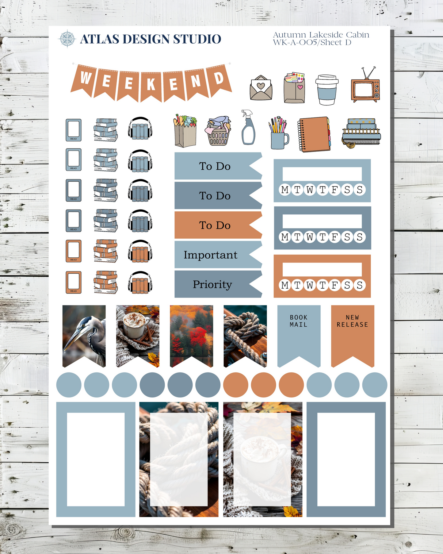 Sheet of planner stickers featuring functional items and deco with an autumnal lakeside cabin theme.
