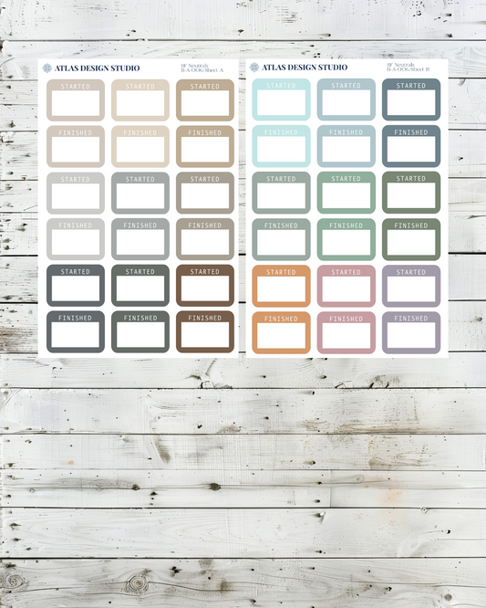 Sheet of functional box planner stickers in a variety of colors.