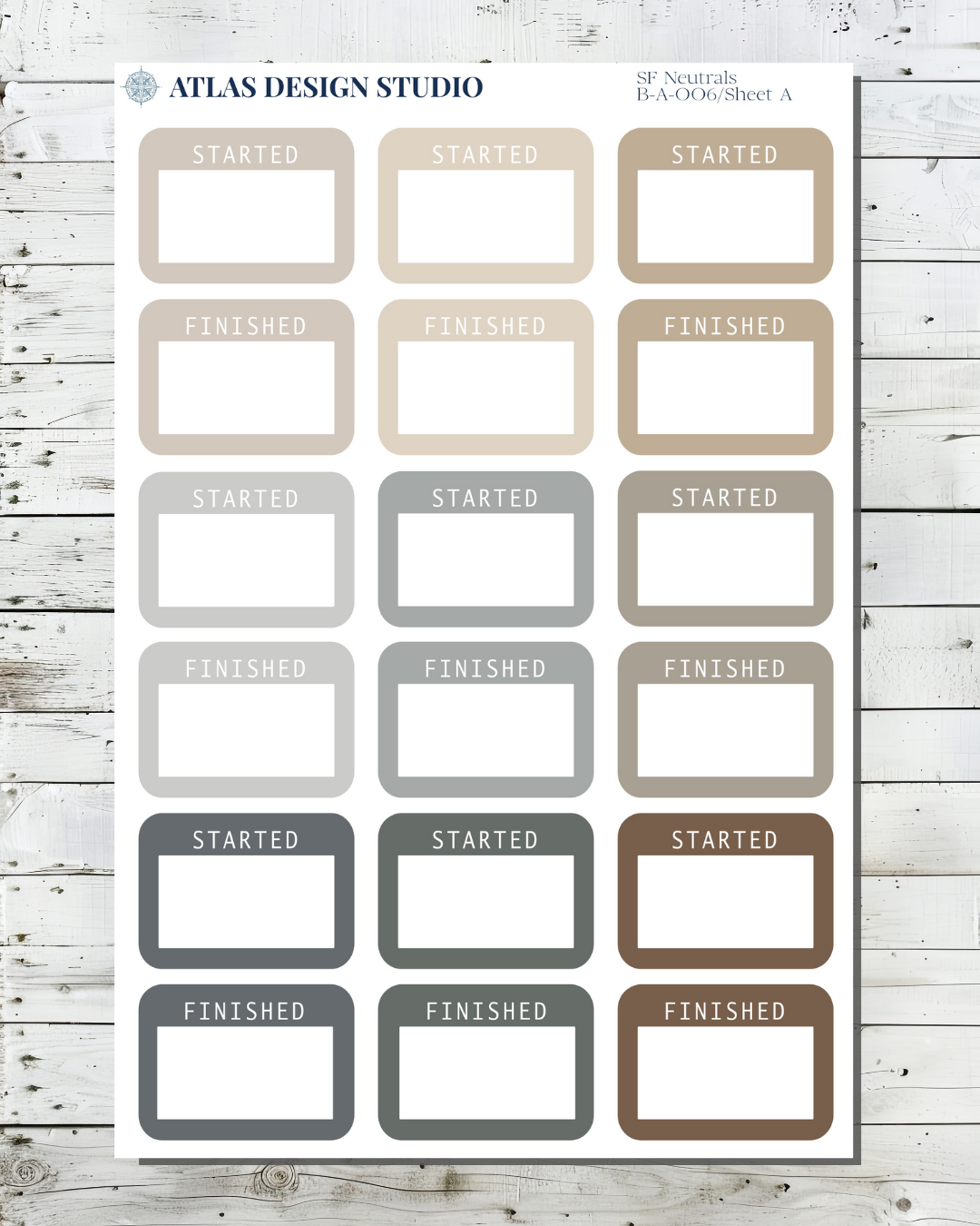 Sheet of functional box planner stickers in a variety of colors.