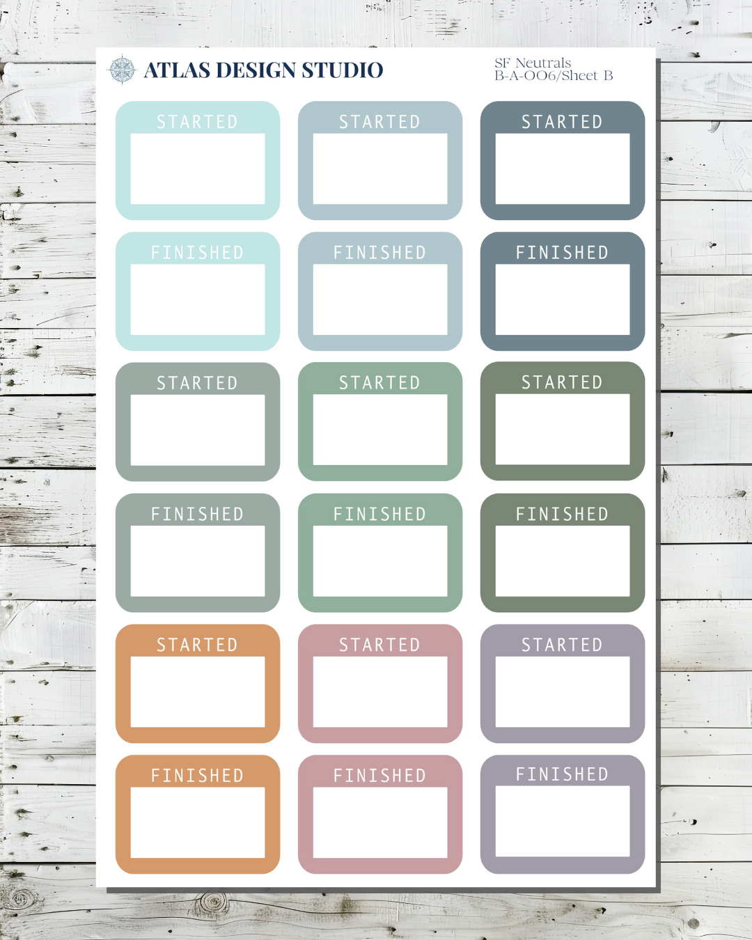 Sheet of functional box planner stickers in a variety of colors.
