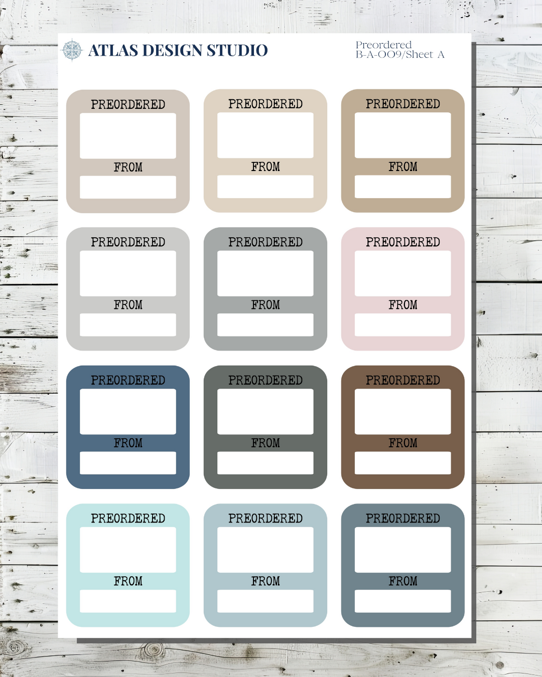 Sheet of planner stickers. Functional box style designed to track book pre-orders in many colors.