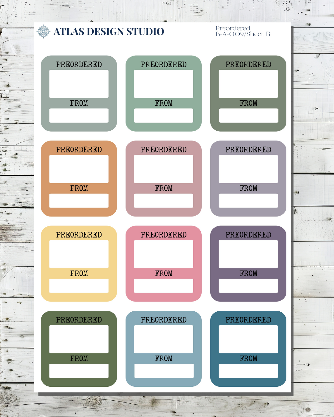 Sheet of planner stickers. Functional box style designed to track book pre-orders in many colors.