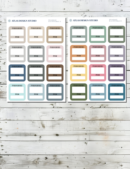 Sheet of planner stickers. Functional box style designed to track book pre-orders in many colors.