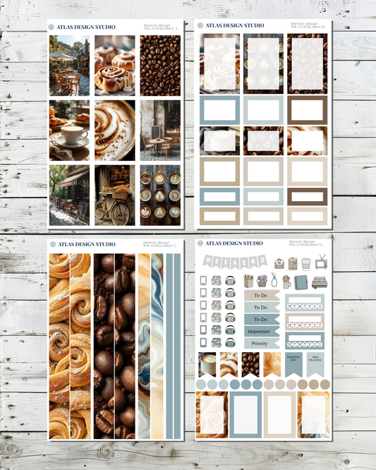 Collection of planner stickers with coffee themed designs.