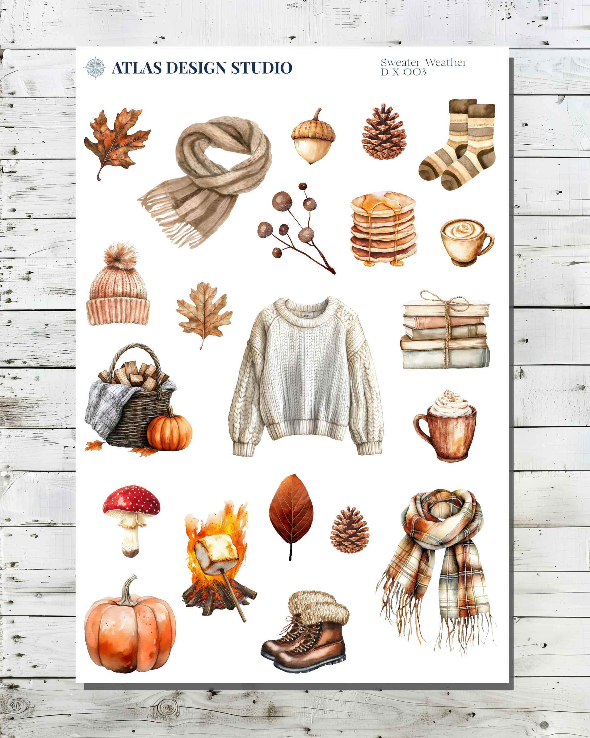 Planner stickers with a collage of fall and cozy themed images.