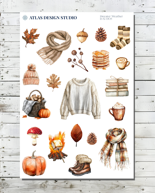 Planner stickers with a collage of fall and cozy themed images.