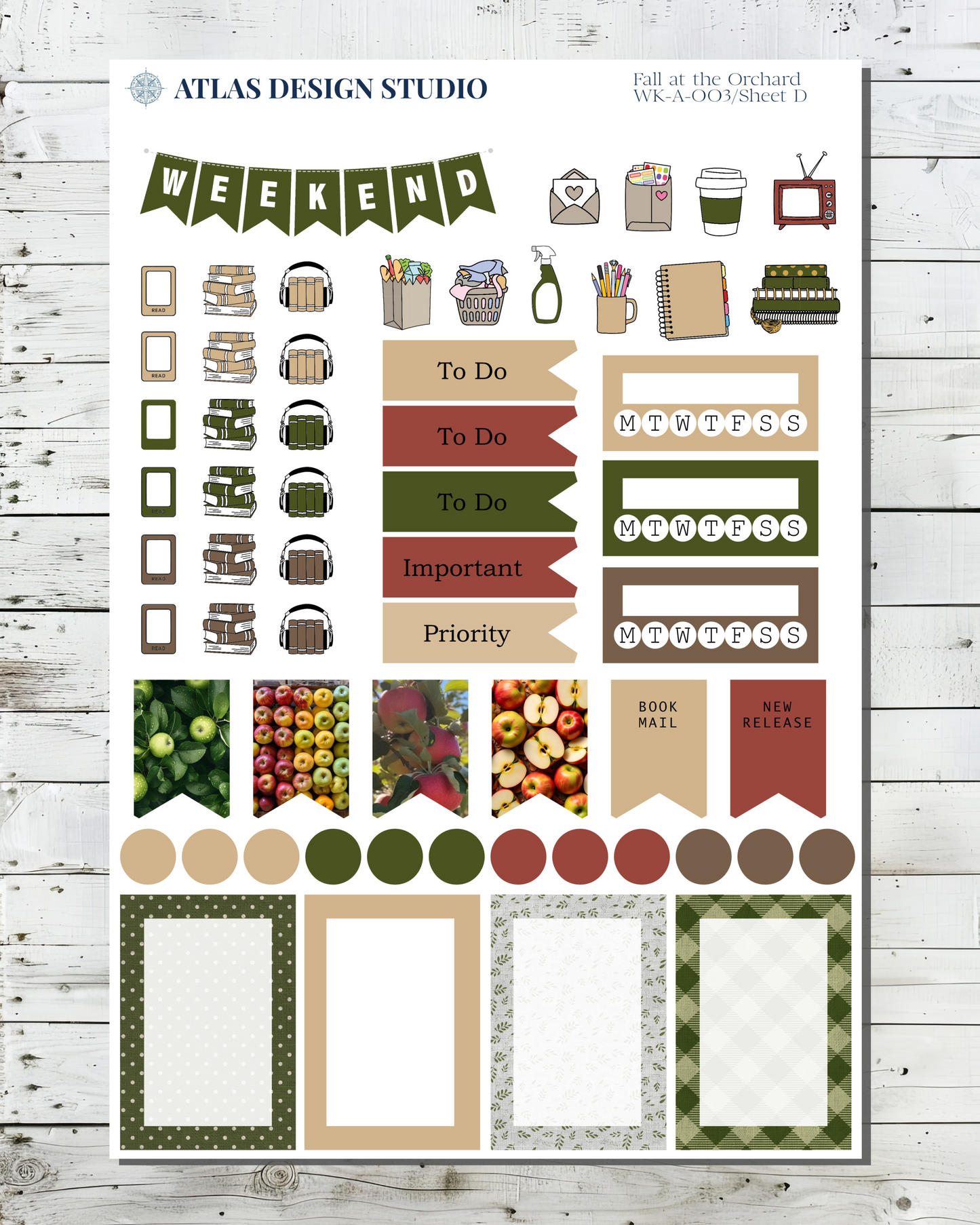 Sheet of planner stickers featuring functional items and deco with a fall apple orchard theme.
