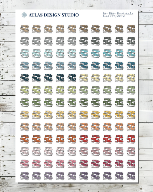 Tiny Bookstack stickers in many colors