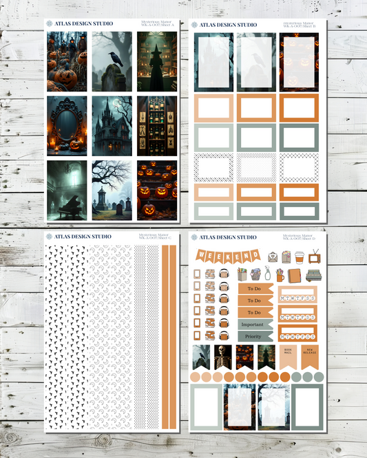 Collection of planner stickers with Halloween-themed designs.