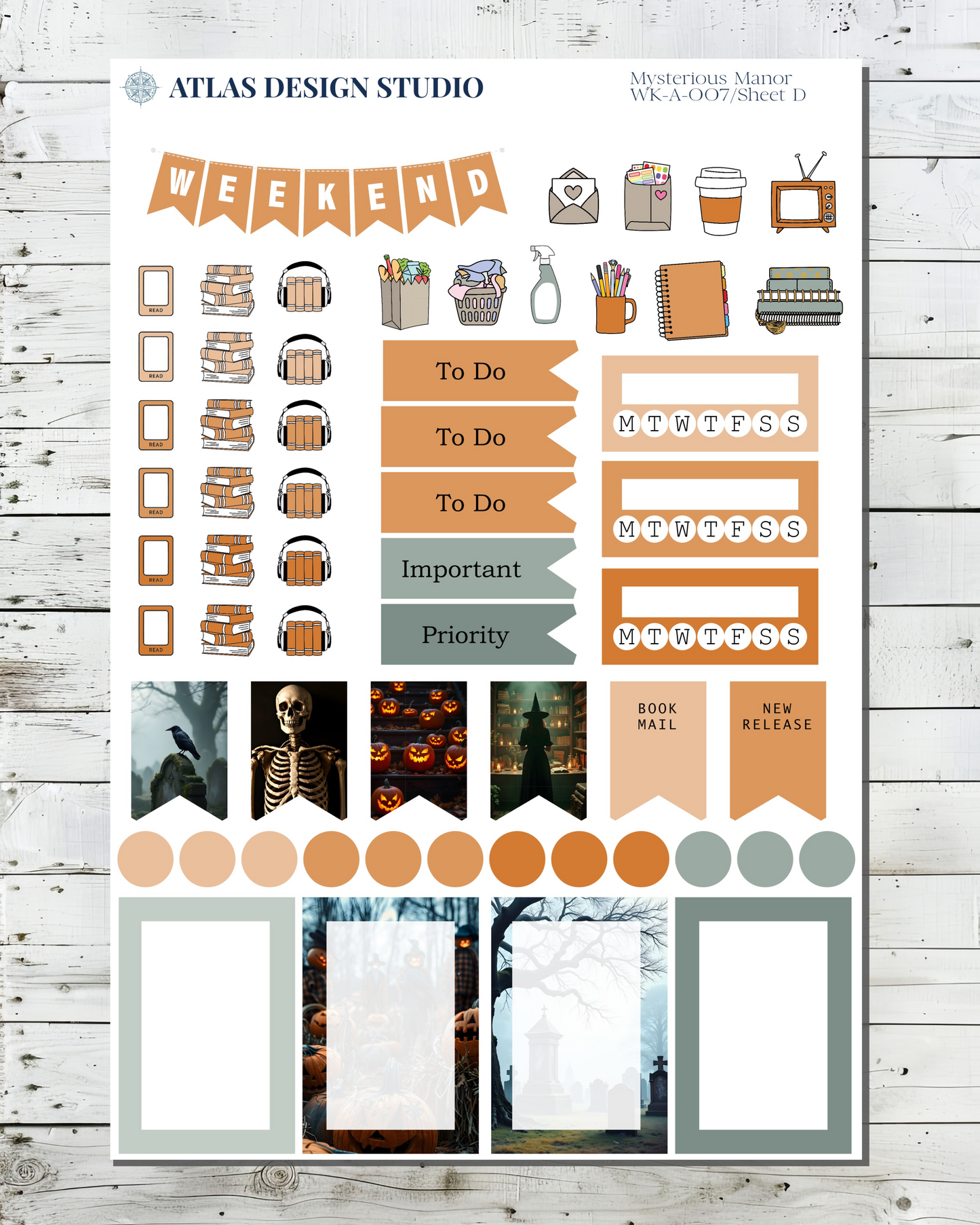 Sheet of planner stickers featuring functional items and deco with a Halloween theme.