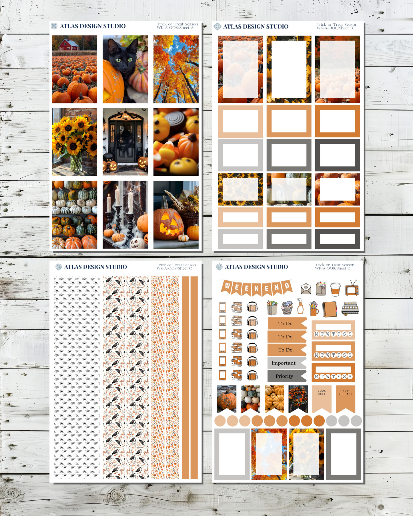 Collection of planner stickers with Halloween themed designs on a wooden surface.
