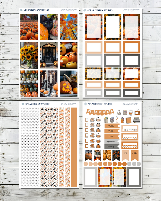 Collection of planner stickers with Halloween themed designs on a wooden surface.